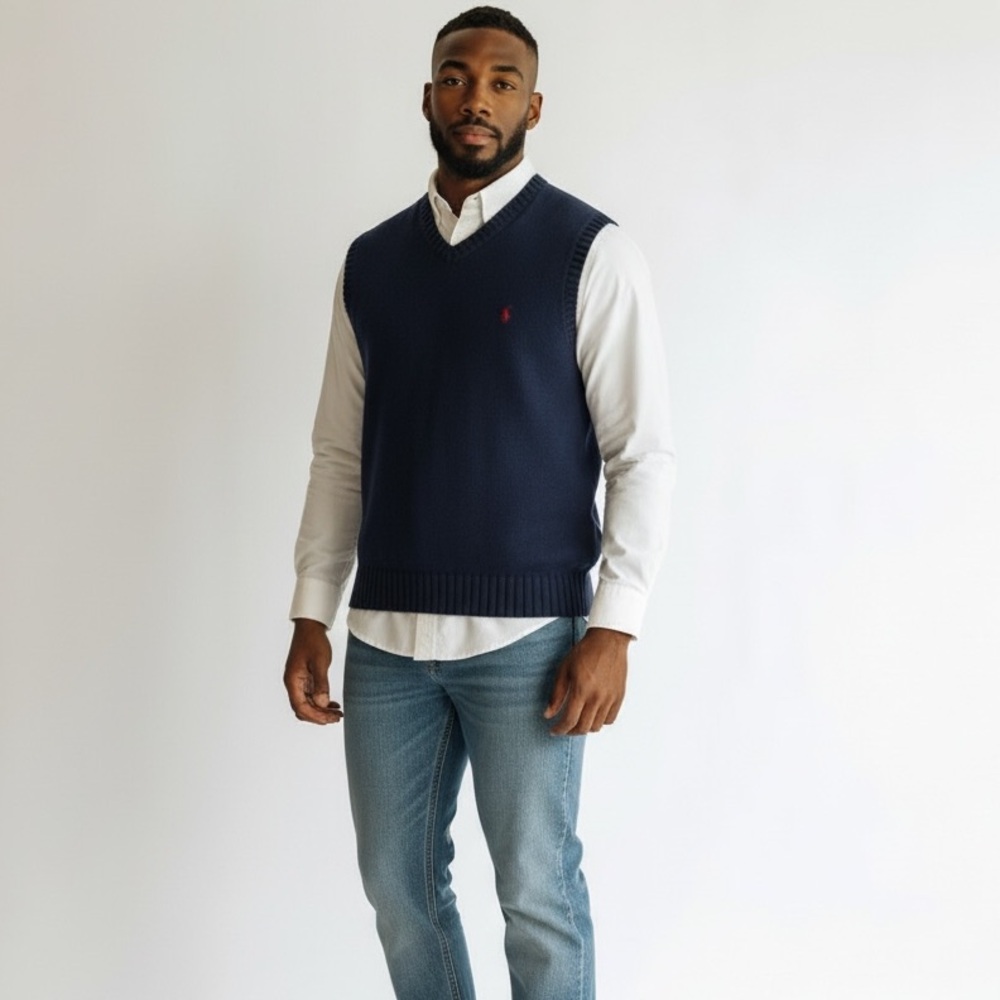 Polo by‎ Ralph Lauren Men’s Sweater Vest Navy Blue 100% Cotton V-Neck Size Large